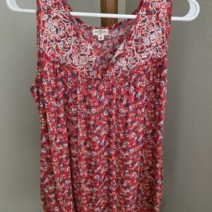 Red and White Ruched Sleeveless Blouse